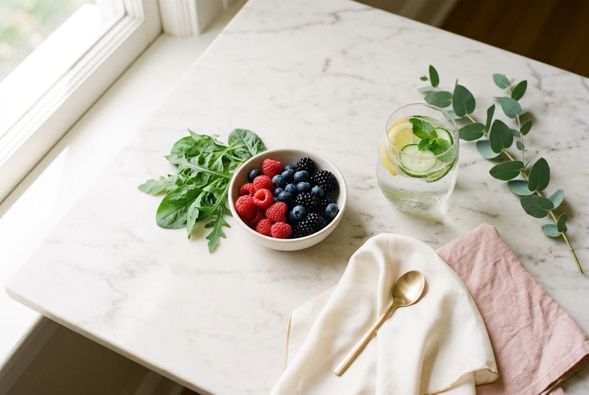 Glucometer and healthy foods on a table